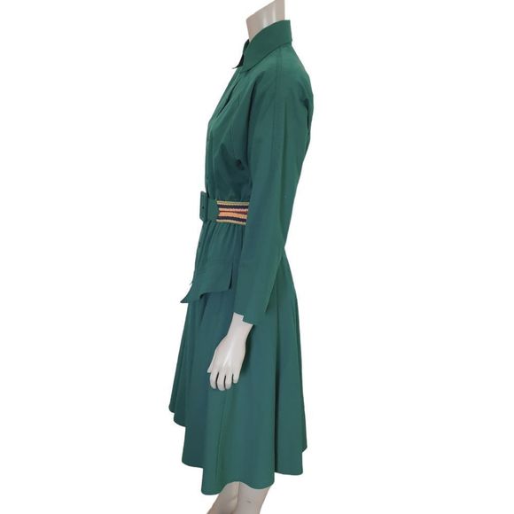 Vintage 80s Day Dress size 4 Emerald Green Cotton Blend with Contrasting Belt - Picture 3 of 7
